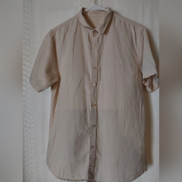 Tops - Thrifted Vintage Shirt, Men's Beige Short Sleeve Button up Linen Shirt, Medium